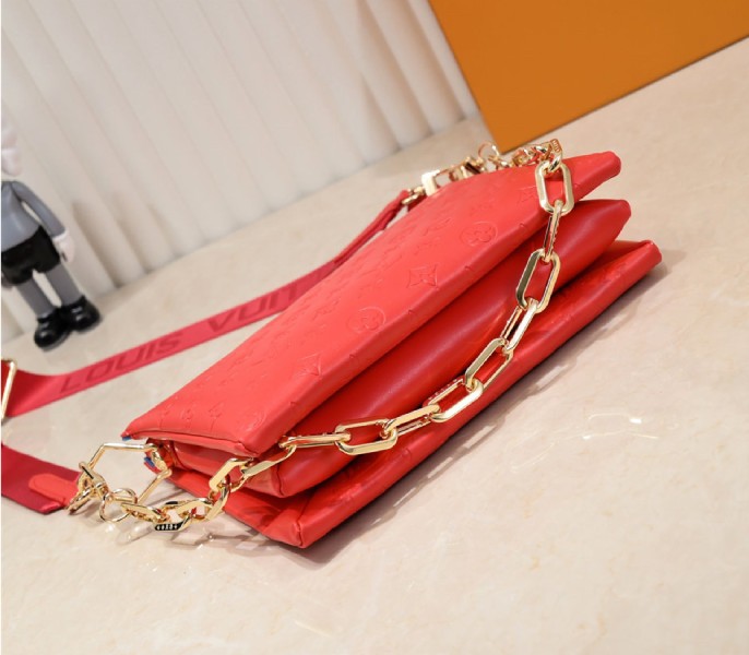 Louis Vuitton Coussin PM Bag In Neon Red With Jacquard Strap - Image 4