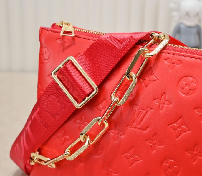 Louis Vuitton Coussin PM Bag In Neon Red With Jacquard Strap - Image 8
