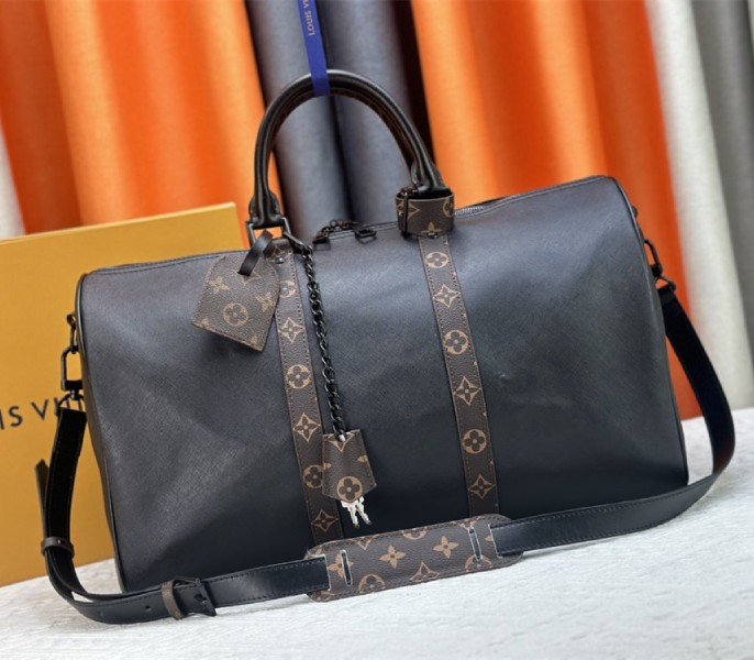 Louis Vuitton Taiga Leather Keepall Bandouliere 45 In Black And Monogram Macassar Canvas