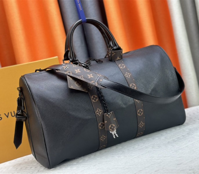Louis Vuitton Taiga Leather Keepall Bandouliere 45 In Black And Monogram Macassar Canvas - Image 2