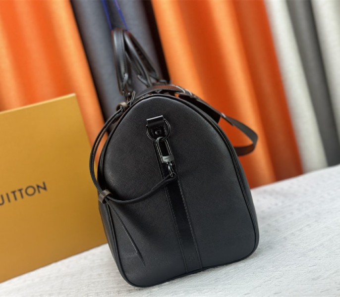 Louis Vuitton Taiga Leather Keepall Bandouliere 45 In Black And Monogram Macassar Canvas - Image 4