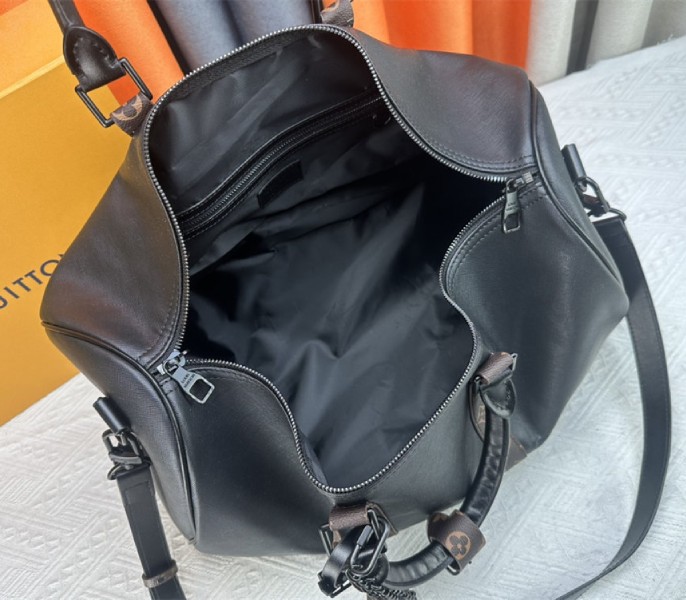 Louis Vuitton Taiga Leather Keepall Bandouliere 45 In Black And Monogram Macassar Canvas - Image 6