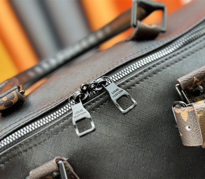 Louis Vuitton Taiga Leather Keepall Bandouliere 45 In Black And Monogram Macassar Canvas - Image 8