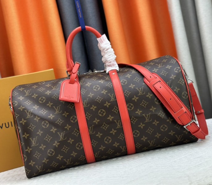 Louis Vuitton Monogram Macassar Canvas Keepall Bandouliere 50 In Red