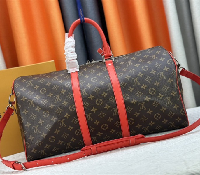 Louis Vuitton Monogram Macassar Canvas Keepall Bandouliere 50 In Red - Image 3