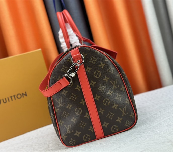 Louis Vuitton Monogram Macassar Canvas Keepall Bandouliere 50 In Red - Image 4