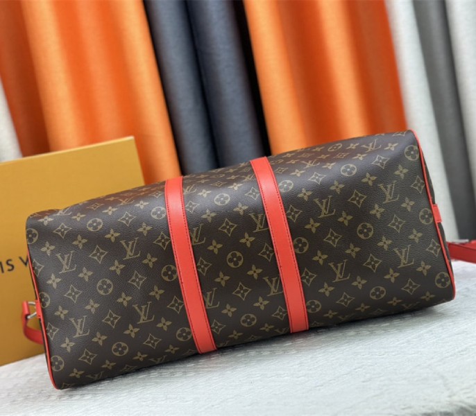 Louis Vuitton Monogram Macassar Canvas Keepall Bandouliere 50 In Red - Image 5