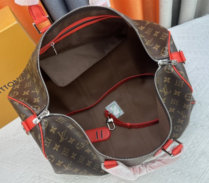 Louis Vuitton Monogram Macassar Canvas Keepall Bandouliere 50 In Red - Image 6