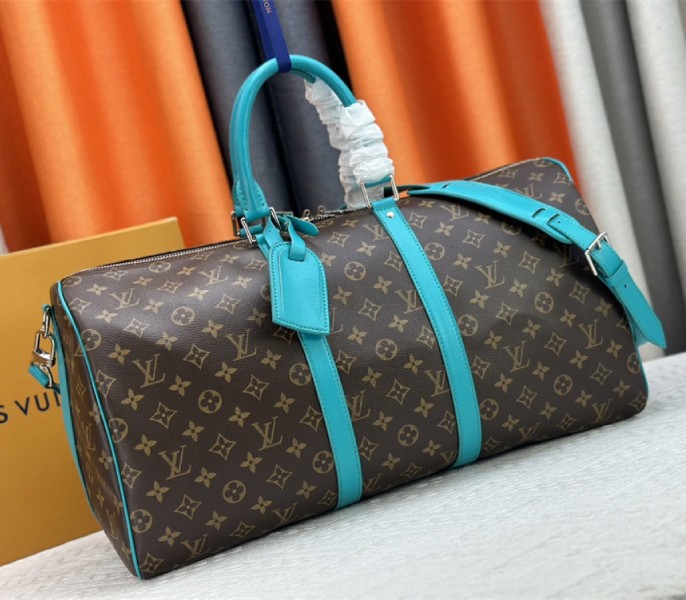 Louis Vuitton Monogram Macassar Canvas Keepall Bandouliere 50 In Turquoise Blue - Image 2