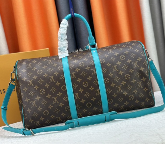 Louis Vuitton Monogram Macassar Canvas Keepall Bandouliere 50 In Turquoise Blue - Image 3